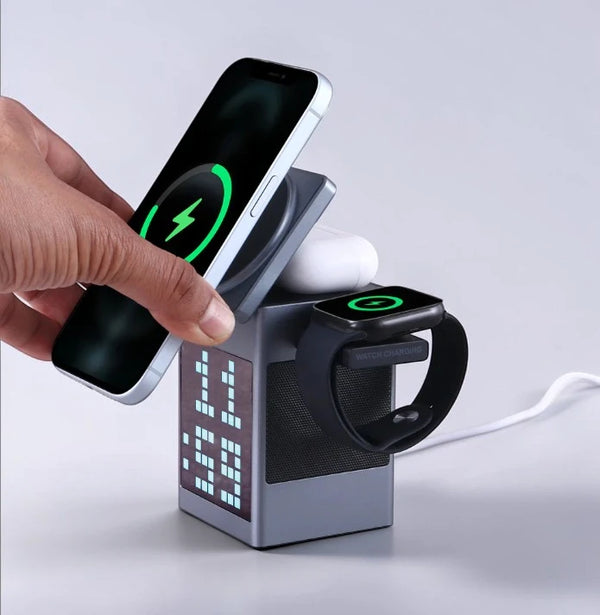 PixelPulse 5-in-1 Wireless Charger with Speaker and Clock