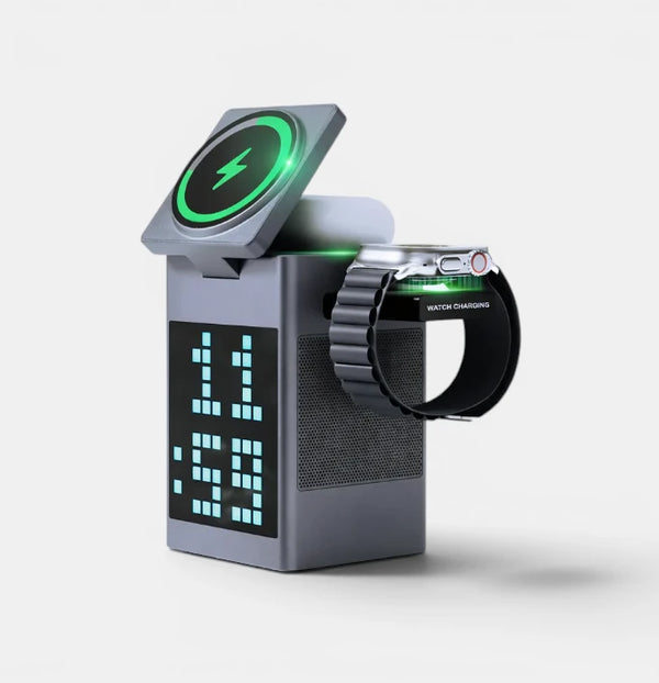 PixelPulse 5-in-1 Wireless Charger with Speaker and Clock