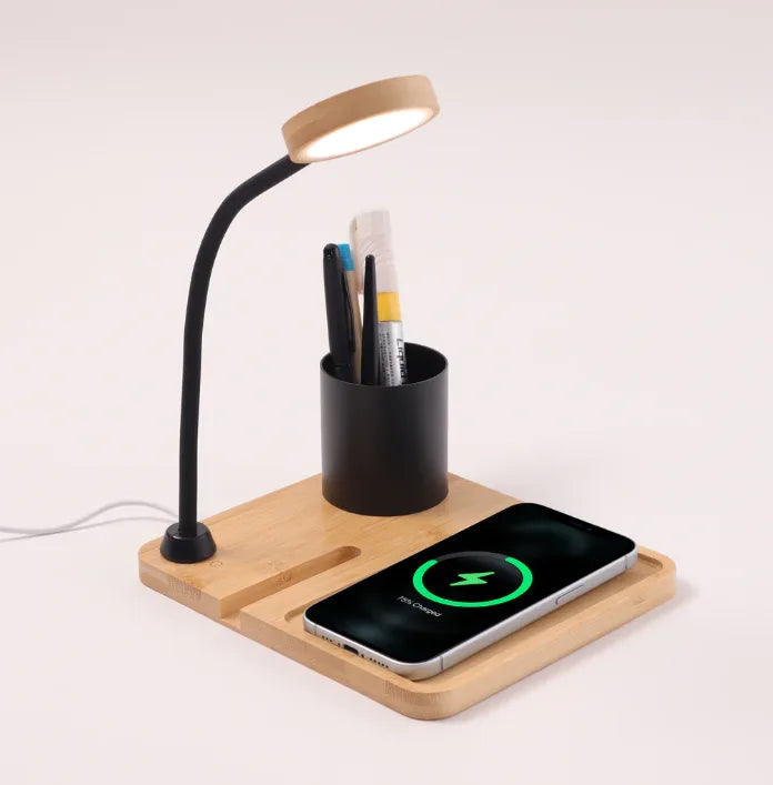 BambooCharge Desk Hub 15W Wireless Charger, LED Lamp, Metal Pen Holder & Phone Stand