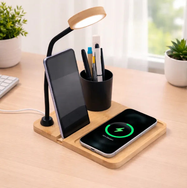 BambooCharge Desk Hub 15W Wireless Charger, LED Lamp, Metal Pen Holder & Phone Stand