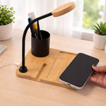 BambooCharge Desk Hub 15W Wireless Charger, LED Lamp, Metal Pen Holder & Phone Stand