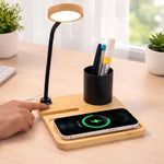 BambooCharge Desk Hub 15W Wireless Charger, LED Lamp, Metal Pen Holder & Phone Stand