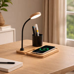 BambooCharge Desk Hub 15W Wireless Charger, LED Lamp, Metal Pen Holder & Phone Stand
