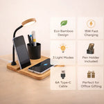 BambooCharge Desk Hub 15W Wireless Charger, LED Lamp, Metal Pen Holder & Phone Stand